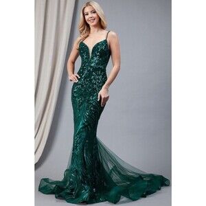 Amelia Couture AC7021 Emerald Green Sequin Tulle Mermaid Formal & Prom Gown Sz 8